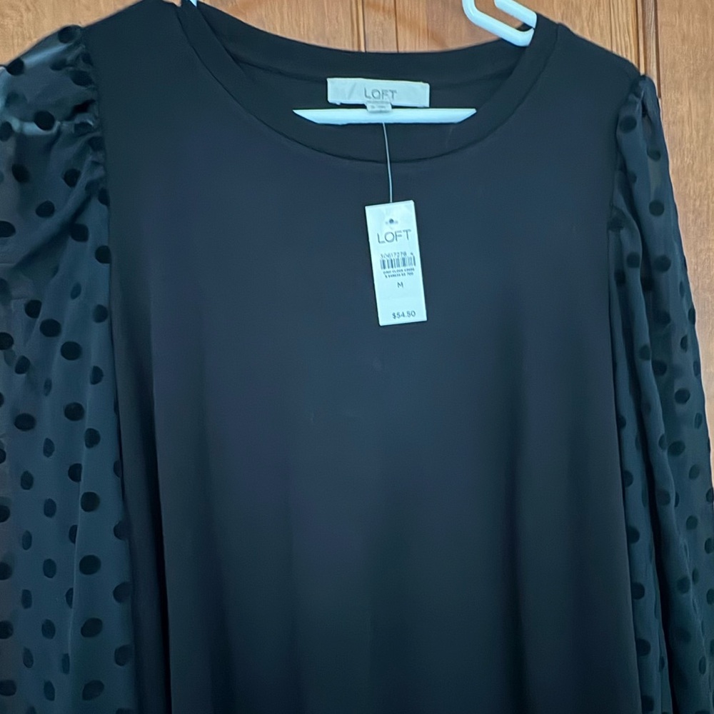 LOFT Black Blouse with Sheer Polka Dot Sleeves